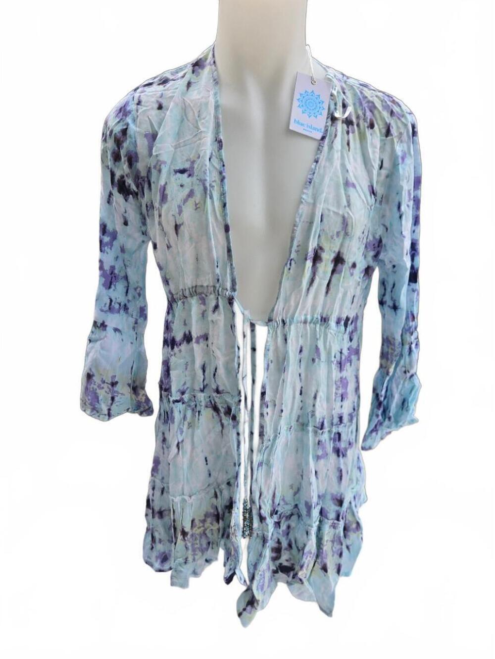 Blue Island Women's Tie-Dye Beach Cover-Up  Beaded Tassels, Size Large